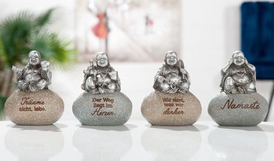 GILDE Poly Lachender Buddha auf Stein grau/ weiss-beige/ grau, silberfarben