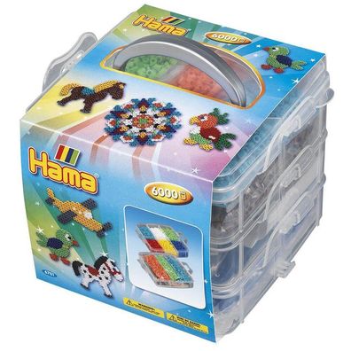 Hama Kleine Aufbewahrungsbox, gefüllt mit 6.000 Midi-Bügelperlen & 3 Stiftplatten, Pa