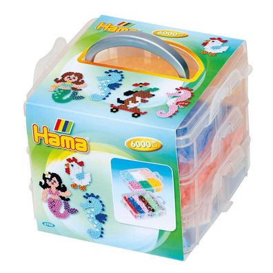Hama Kleine Aufbewahrungsbox, gefüllt mit 6.000 Midi-Bügelperlen & 3 Stiftplatten, Se