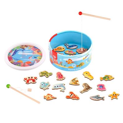 Tooky Toy Angelspiel TL095 Holz 22-teilig Angelstäbe, magnetische Fische, Box