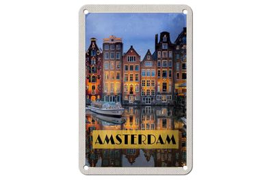 Blechschild Reise 12x18 cm Amsterdam bei Nacht Reiseziel Deko Schild