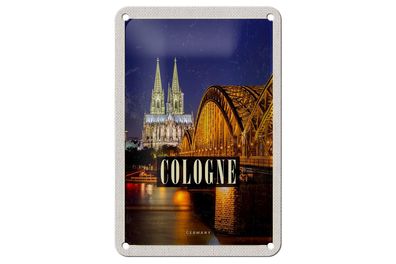 Blechschild Reise 12x18 cm Köln Brücke Stadt Dom Abend Lichter Schild