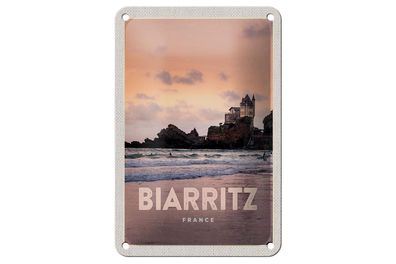 Blechschild Reise 12x18 cm Biarritz France Sonnenuntergang Deko Schild