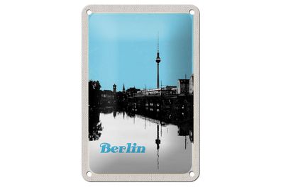 Blechschild Reise 12x18 cm Berlin Deutschland schwarz weiß Fluss Schild