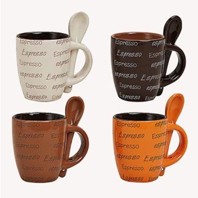 Espresso Tassen mit Löffel beige braun orange schoko Deko Keramik Set NEU