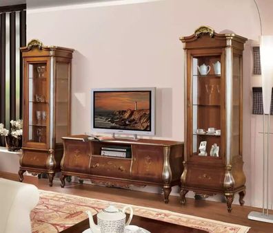 Klassische Wohnzimmerwand RTV 2x Vitrinen Massivholz Möbel TV-Regal Neu