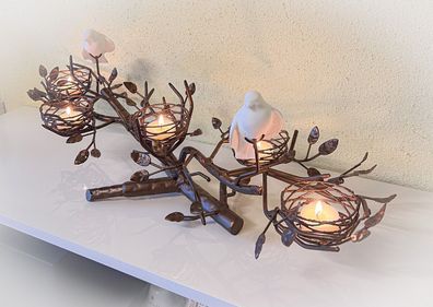 Metall-Kerzenständer Teelichthalter Ast Zweige Nester Vögel f. 5 Teelichter Deko