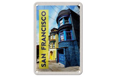Blechschild Reise 12x18cm San Francisco Amerika Häuser blau gelb Schild