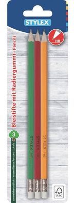 Stylex 26016 Bleistifte, mit Radiergummi, FSC, 3 Stück HB/2