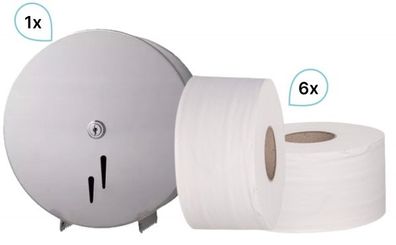SET: 1x Jumbo-Toilettenpapierspender Edelstahl matt + 6 Jumborollen-Toilettenpapier 2