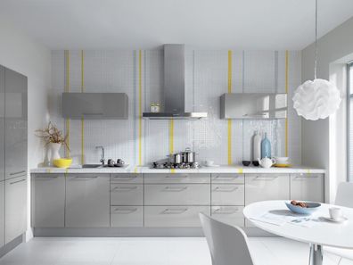 Küchenzeile, Schränke, Einbauküche 300 cm Grau Glanz Technik Blum