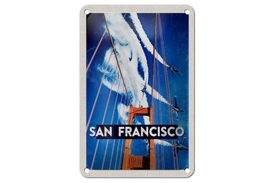 Blechschild Reise 12x18 cm San Francisco Brücke Flugzeug Himmel Schild