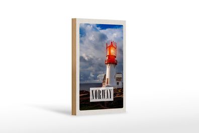 Holzschild Reise 12x18 cm Norwegen Leuchtturm Gewitter Meer Schild
