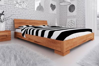 Bett Bento 5 aus Kernbuche massiv 160x200 cm mit Holzkopfteil und Holzbeinen