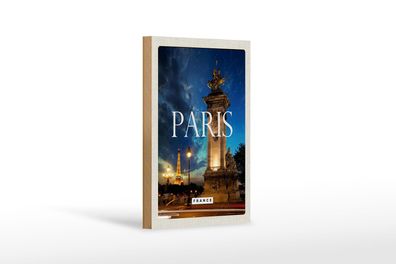 Holzschild Reise 12x18 cm Paris France Eiffelturm Nacht Retro Schild