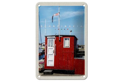 Blechschild Reise 12x18 cm Skandinavien Meer Stromly rotes Haus Schild