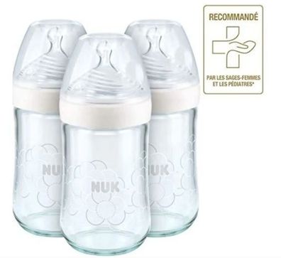 NUK Glasfläschchen aus Naturglas, 240 ml, 0-6 Monate, Anti-Kolisch, BPA-frei, Si