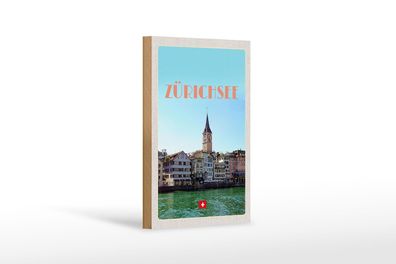 Holzschild Reise 12x18 cm Zürich Schweiz Ausblick See auf Stadt Schild