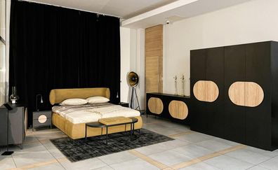 Schlafzimmer Set Bett 2x Nachttische 2x Kommode Kleiderschrank Hocker 7tlg.