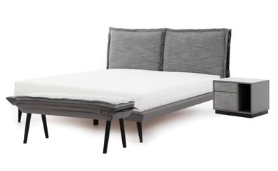 Schlafzimmer Set Grau Bett Elegantes 2x Nachttische Luxus Hocker Modern 4tlg.