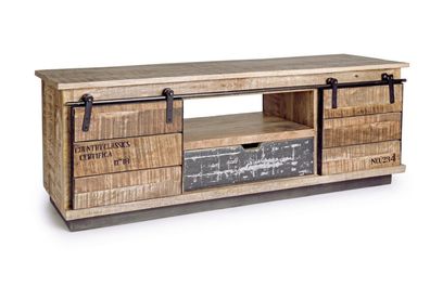 TV-Board Tudor 130x40x50cm Mango-Holz Natur mit Schiebetüren Schublade und Fach