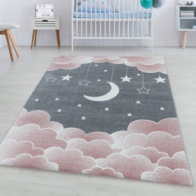 Kinderteppich Kurzflor Sternenhimmel Mond Wolken Design Kinderzimmer Rosa