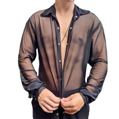 Herren Langarm Hemd Sexy Chiffon Shirt Unterhemd Atmungsaktiv Zuknöpfen Top S-3XL