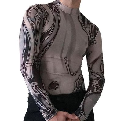 Herren Wetlook Pullover Netz Sheer Langarm Shirt Rollkragen Unterhemd Grau S-3XL