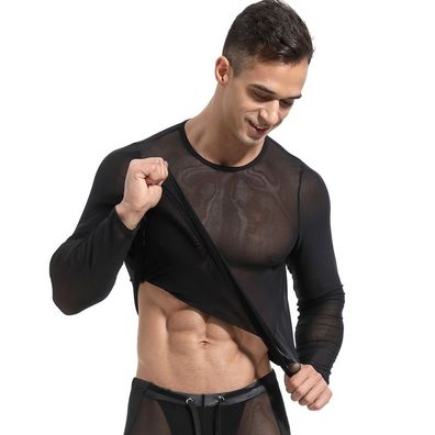 Herren Mesh Pullover Sheer Langarm Shirt Transparent Unterwäsche Fitness Top S-XL