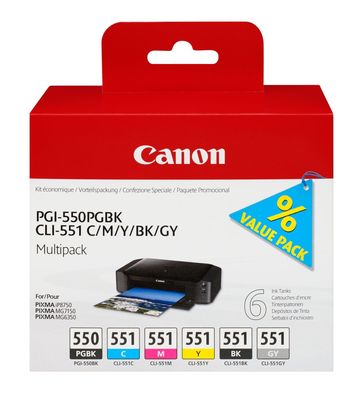 Canon Tintenpatronen PGI-550/ CLI-551 Multi(PGBK/ BK/ C/ M/ Y/ GY)