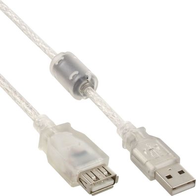 USB 2.0 Verlängerung, Stecker / Buchse, Typ A, transparent, mit Ferritkern, 0,