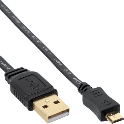 InLine® Micro-USB 2.0 Flachkabel, USB-A Stecker an Micro-B Stecker, 5m, schwarz