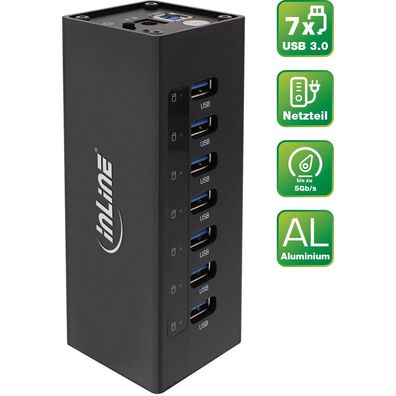 InLine® USB 3.0 Hub, 7 Port, Aluminiumgehäuse, schwarz, mit 2,5A Netzteil, schwa