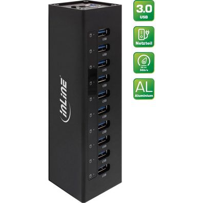 InLine® USB 3.0 Hub, 10 Port, Aluminiumgehäuse, schwarz, mit 4A Netzteil, schwar