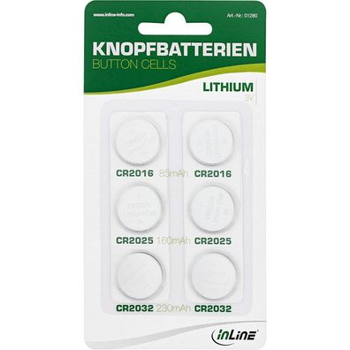 InLine® Knopfbatterien-Set, 3V Lithium, 2x CR2016, 2x CR2025, 2x CR2032, 6er Pac