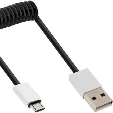 Micro-USB 2.0 Spiralkabel, USB-A Stecker an Micro-B schwarz/ Alu, flexibel, 3m