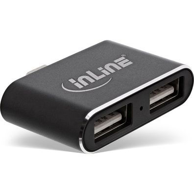 InLine® Mini USB 2.0 Hub, USB Typ-C Stecker auf 2x USB A Buchse, schwarz, schwar