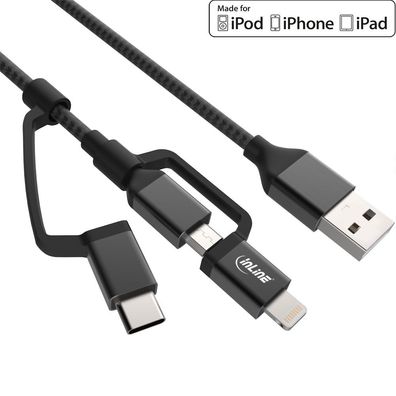 InLine® 3-in1 USB Kabel, Micro-USB, Lightning, USB Typ-C, schwarz/ Alu, 1,5m, sch