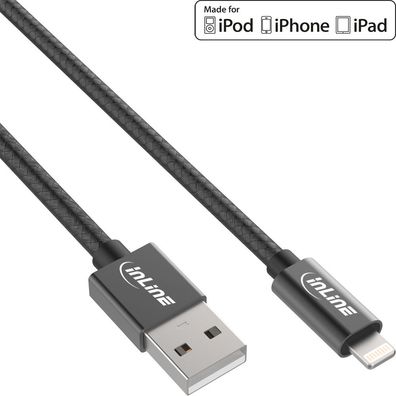 InLine® Lightning USB Kabel, für iPad, iPhone, iPod, schwarz/ Alu, 1m, schwarz