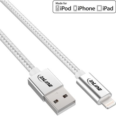 InLine® Lightning USB Kabel, für iPad, iPhone, iPod, silber/ Alu, 2m, silber