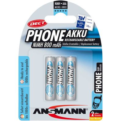 Ansmann 5030142 NiMH-Akku Micro AAA, Phone DECT, 800mAh, 3er-Pack