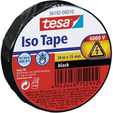 tesa Isolierklebeband, 10m x 15mm, schwarz, schwarz