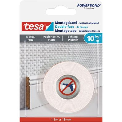 tesa Montageband, 1,5m x 19mm, für Tapeten und Putz, bis zu 10kg/ m, weiß