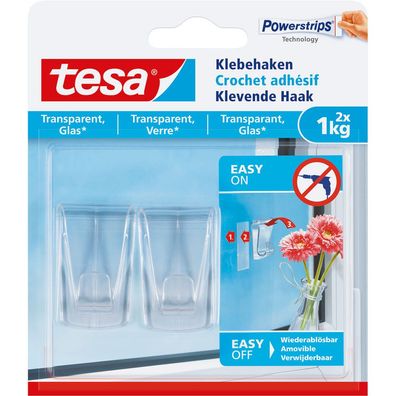 tesa Klebehaken, 2 Stück, für transparente Oberflächen und Glas, bis zu 1kg pro