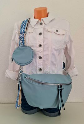 Blogger Bauchtasche Cross Body Bag Kunstleder bunter Gurt + extra Tasche Blau