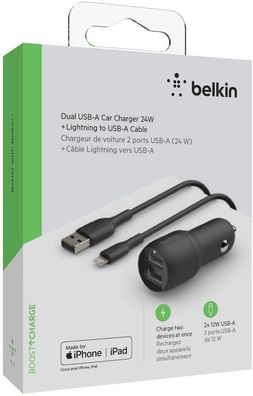 Belkin Dual USB-A Kfz-Ladegerät incl. Lightning Kabel 1m 24W b