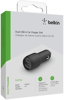 Belkin Dual USB-A Kfz-Ladegerät, 24W, schwarz