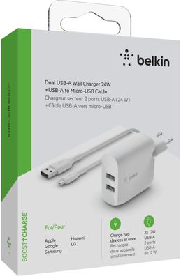 Belkin Dual USB-A Ladegerät incl. Micro-USB Kabel 1m 24W weiß