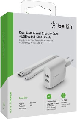 Belkin Dual USB-A Ladegerät incl. USB-C Kabel 1m, 24W, weiß