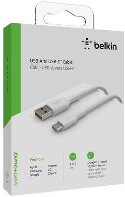 Belkin USB-C/ USB-A Kabel ummantelt, 1m, weiß